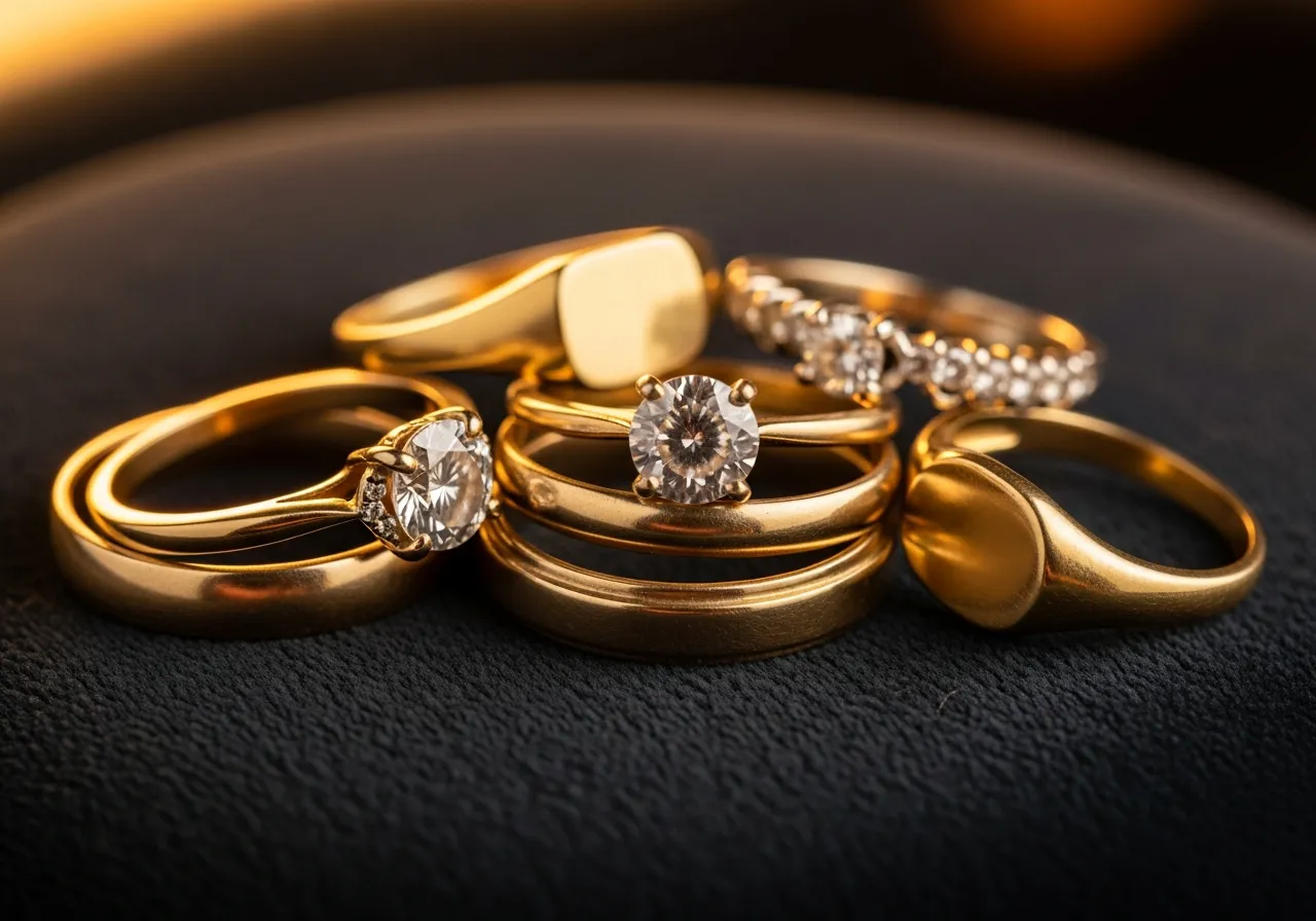 Assorted gold engagement rings, wedding bands and signet rings we buy on the Gold Coast