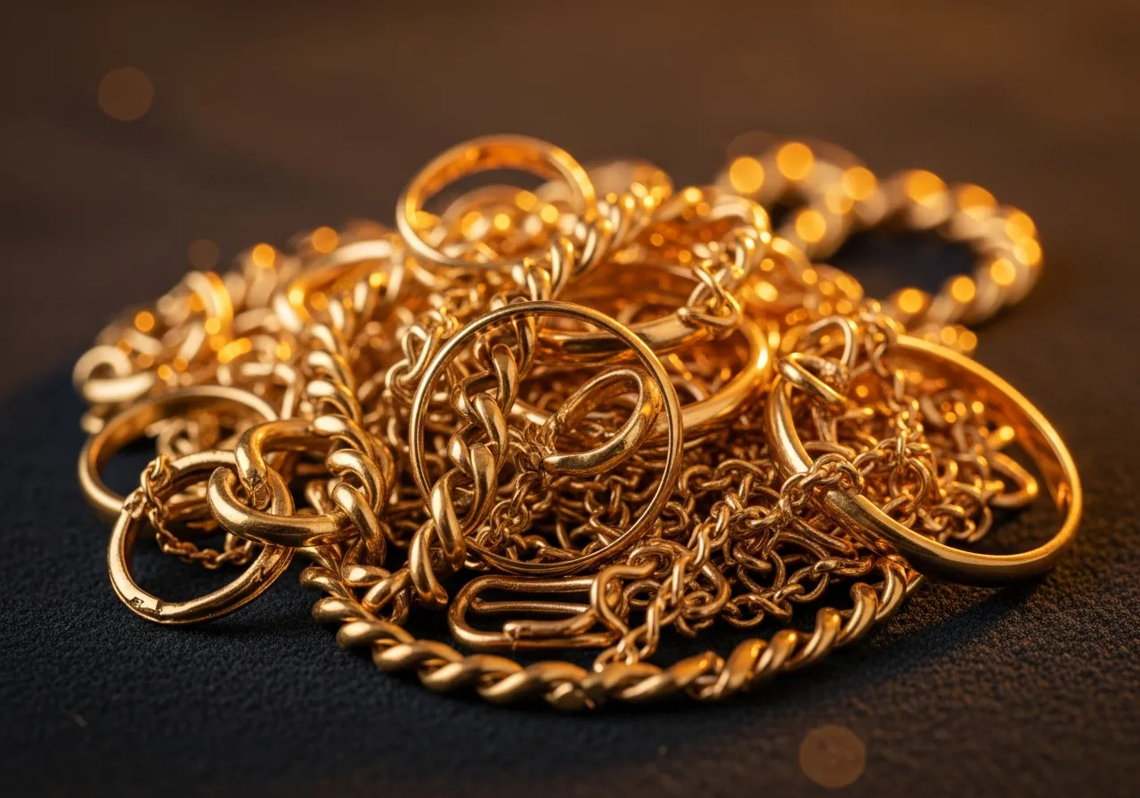 A tangled pile of broken and scrap gold jewellery — snapped chains and bent rings — bought on the Gold Coast