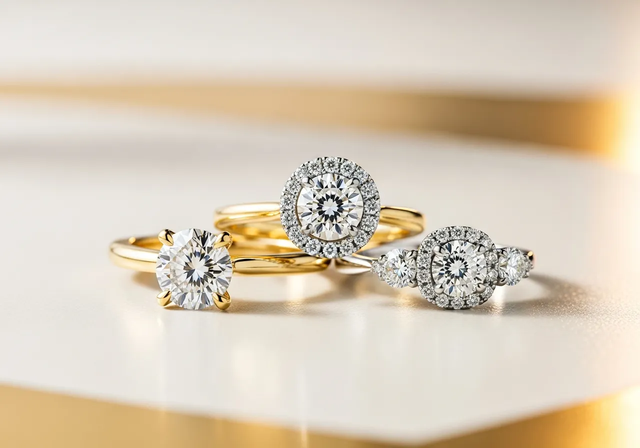 Diamond solitaire, halo and three-stone engagement rings in gold that EasyGold buys on the Gold Coast